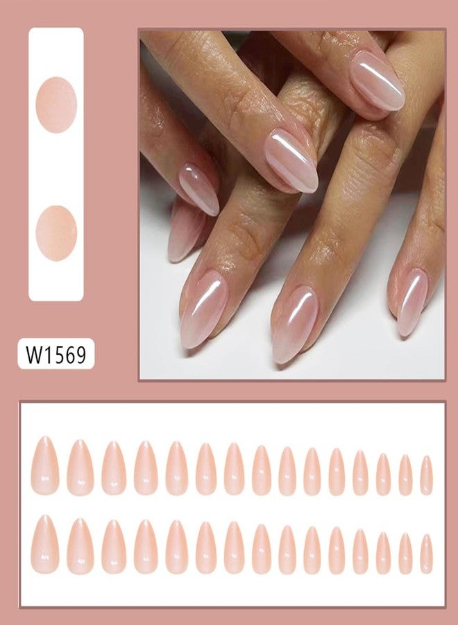 LRKNNO Almond Press on Nails Short Fake Nails Nude Glue on Nails with Designs Glossy Chrome False Nails French Almond Shaped Artificial Nails Reusable Stick on Nails for Women and Girls 24pcs - Image 2